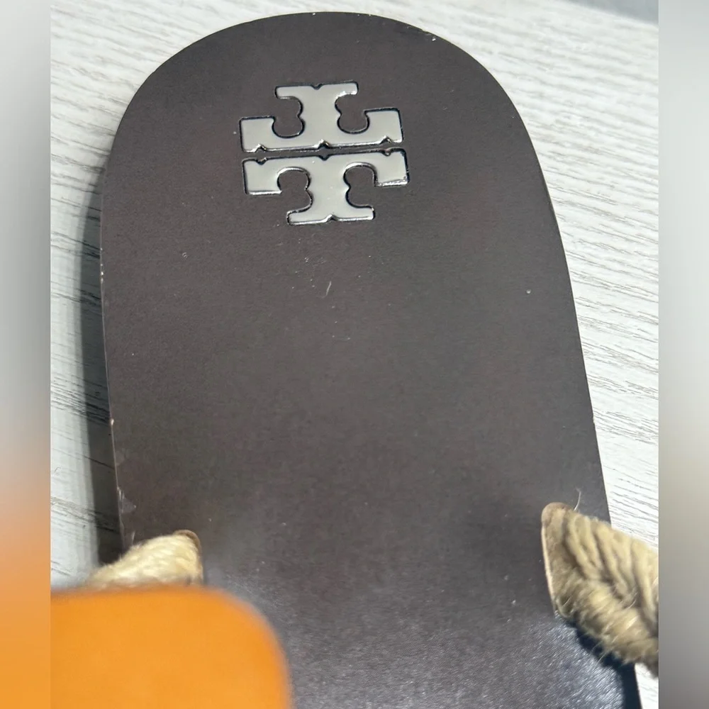 Tory Burch Fisherman Mule Sandals Silver & Tan Leather Slip-On Shoes Size 10M